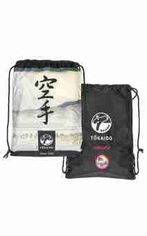 Tokaido Gym Bag – Brown drawstring sports bag with artistic Mount Fuji painting on one side and Tokaido logo on the other. Perfect for karate gear, gym essentials, or dojo training. Durable, lightweight, and stylish